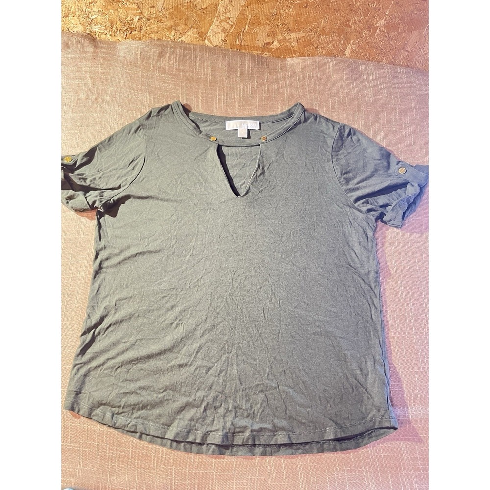 Michael Kors Womens Olive Green Studded Keyhole Logo Tee Shirt L Short Sleeve